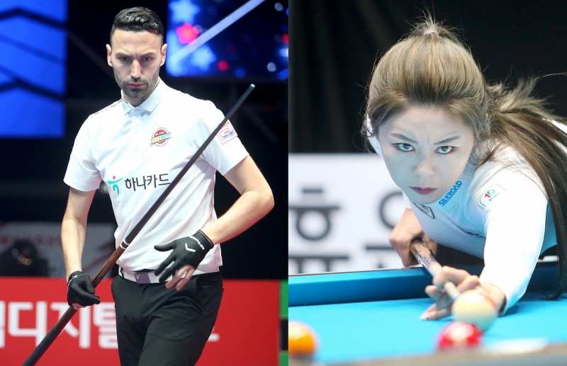 5세트 남단식, 6세트 여단식서 패한 하나카드 카시도코스타스와 김가영(사진=PBA)