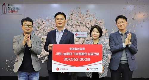 좌로부터 박경민 롯데칠성음료 채널전략팀장, 나한채 롯데칠성음료 음료영업본부장, 김경희 사랑의열매 사회공헌본부장, 손병일 사랑의열매 법인사업팀장 / 사진 제공 = 롯데칠성음료