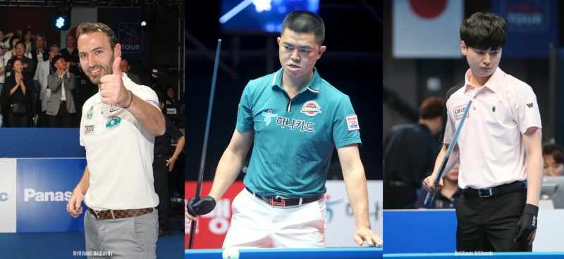 남단식 3, 5, 7 세트를 따내며 시즌 첫승을 작성한 하나카드의 카시도코스타스, Q. 응우옌, 신정주(왼쪽부터. 사진=PBA.브릴리언트 빌리아드)