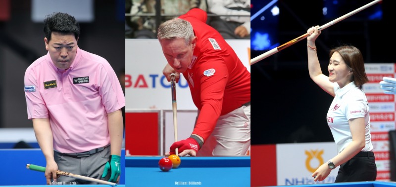 팀 연승을 이끈 SK의 강동궁, 레펜스, 강지은(왼쪽부터. 사진=PBA.브릴리언트 빌리아드)