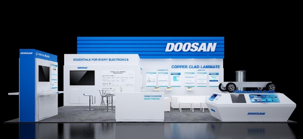 두산이 15일부터 오는 18일까지 독일 뮌헨에서 열리는 '2022 일렉트로니카'에 참가해 동박적층판(CCL)을 비롯한 첨단소재 기술과 제품을 선보인다고 밝혔다. 사진은 독일 뮌헨에서 열리는 '2022 일렉트로니카'에 참가하는 두산의 부스 렌더링 모습. / 연합뉴스