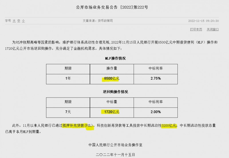 자료=중국인민은행 홈페이지, 공개시장업무 거래공시(제222호)