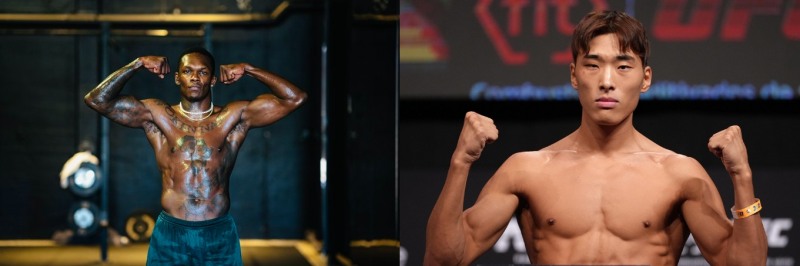 60 이상 의무징계를 받은 아데산야(왼쪽)와 최승우(사진=UFC)