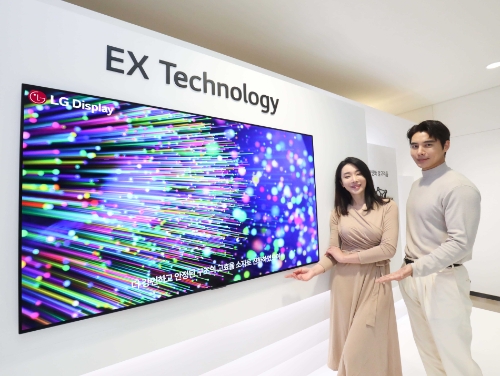LG디스플레이 모델이 EX 테크놀로지가 적용된 OLED TV 패널을 소개하고 있다. / 사진 제공 = LG디스플레이