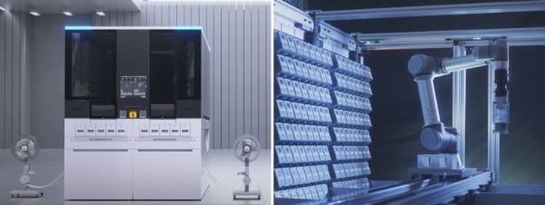 제이브이엠의 차세대 파우치 포장 자동 조제기 ‘MENITH’(왼쪽). 오른쪽 사진은 이 장비 내부에서 다관절 협동로봇을 활용해 캐니스터를 자동으로 교체하는 모습.