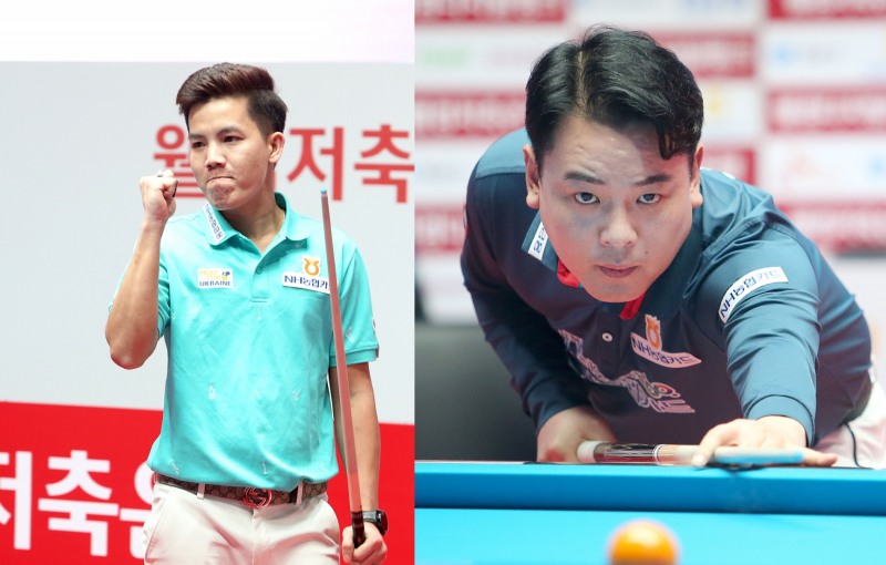 1세트와 7세트 승리로 5연승을 일군 NH 응우옌(왼쪽)과 조재호(사진=PBA)