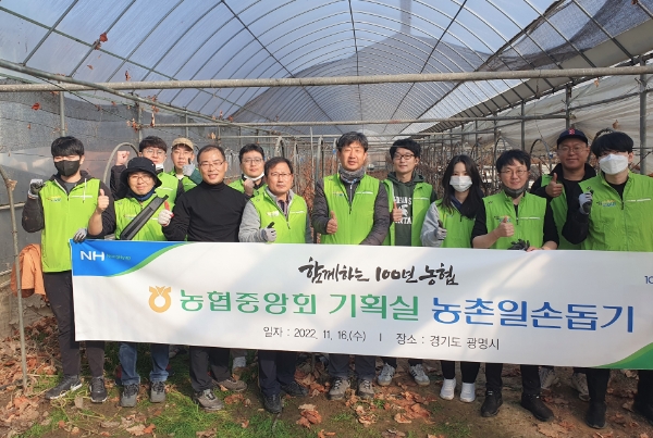 중협중앙회 주영준 기획실장(앞줄 왼쪽에서 네번째)을 비롯한 농협중앙회 임직원 봉사단원들이 16일 경기 광명시 밤일로 소재 포도농가에서 가지치기 일손돕기에 참여한 후 기념촬영을 하고 있다. / 제공 : 농협중앙회