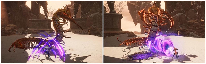 거대 모래지네와 전투 중인 백윤호(좌)와 이주희(우).