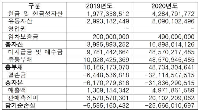 머지홀딩스 '19년, '20년 재무제표 (단위 원)