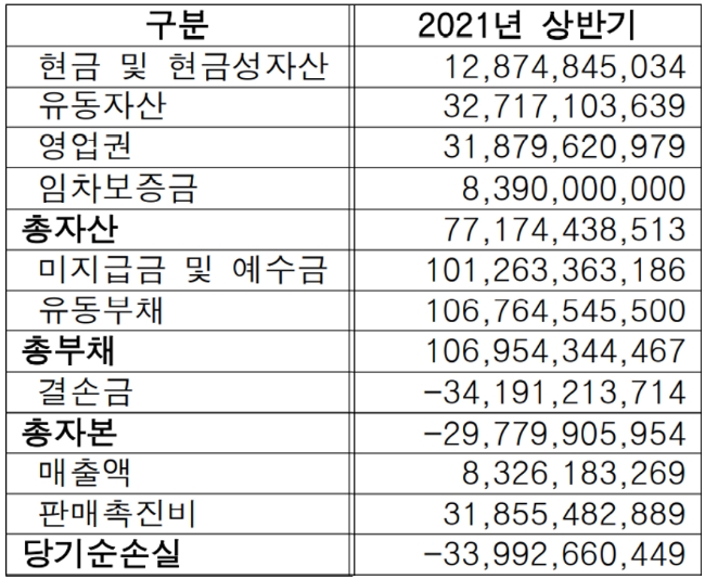 머지플러스 '21년 상반기 재무제표 (단위 원)