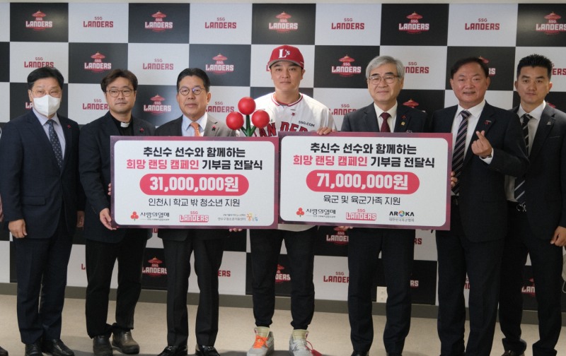추신수, '희망랜딩' 캠페인으로 조성한 1억200만원으로 취약계층 군인들과 학교밖 청소년 지원