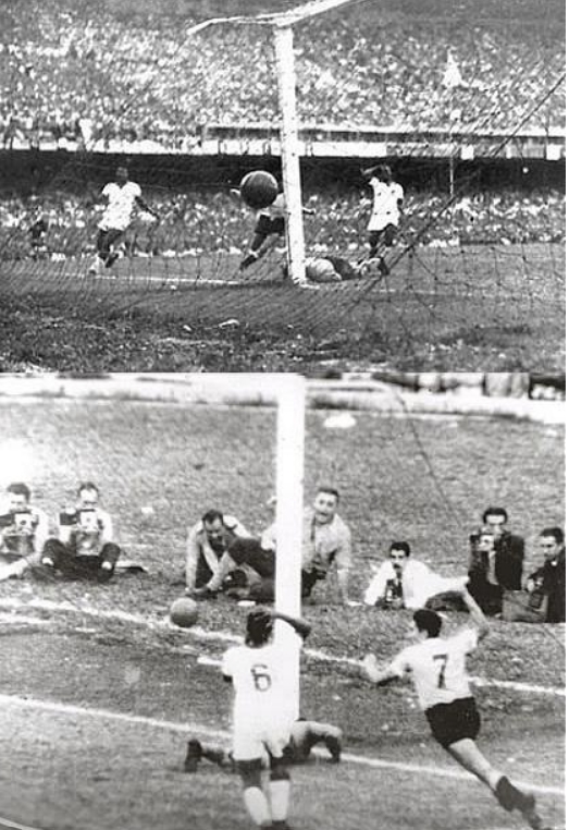 1950년 브라질 월드컵서 우루과이 알시데스 기지아이 브라질과의 결선리그 최종전에서 역전골을 터트리는 장면. [위키피디아 사진 캡처]