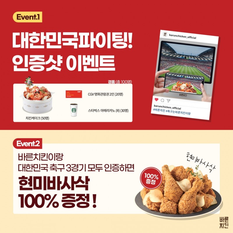 바른치킨, 대한민국 축구팀 승리 기원... 인증샷 이벤트