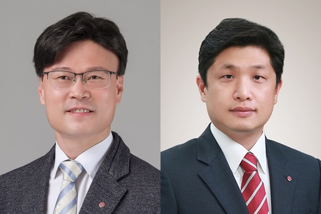LG이노텍은 지난 24일 오후 이사회를 열고, 전무 2명과 상무 8명 등 총 10명이 승진하는 내용을 주요 골자로 하는 2023년도 정기 임원인사를 확정했다고 25일 밝혔다. 사진은 이번 임원 인사에서 전무로 승진한 조지태(왼쪽), 노승원 상무의 모습. (사진 = LG이노텍 제공)