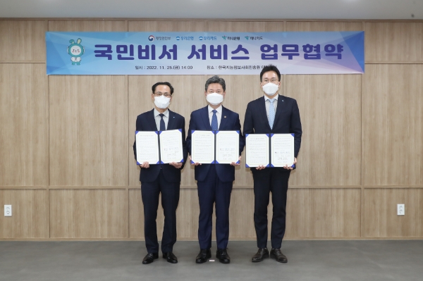 우리은행(은행장 이원덕)과 우리카드(사장 김정기)는 지난 25일 한국정보사회진흥원에서 행안부와 ‘국민비서’ 알림 서비스 업무협약을 체결했다. 우리은행 옥일진 부행장(오른쪽), 행정안전부 한창섭 차관(가운데), 우리카드 김정기 사장(왼쪽)이 협약식을 마치고 기념촬영을 하고 있다. / 사진 제공 : 우리금융