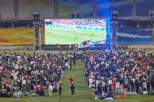 지난 24일 수원시 팔달구 수원월드컵경기장에서 도민들이 월드컵 응원을 하고 있다