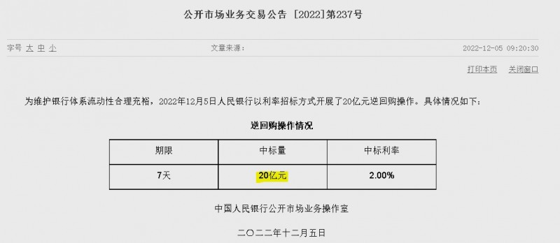 자료=중국인민은행 홈페이지, 공개시장업무 거래공시(제237호)