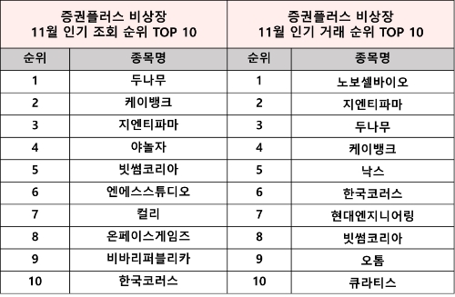 11월 인기 조회·거래 순위 TOP 10 / 제공 = 증권플러스 비상장