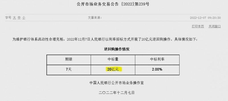 자료=중국인민은행 홈페이지, 공개시장업무 거래공시(제239호)
