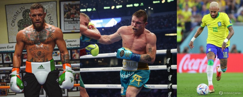 부문별 분당 최고 수입 스타들.왼쪽부터 맥그리거, 알바레즈, 네이마르(사진=UFC. 영합)