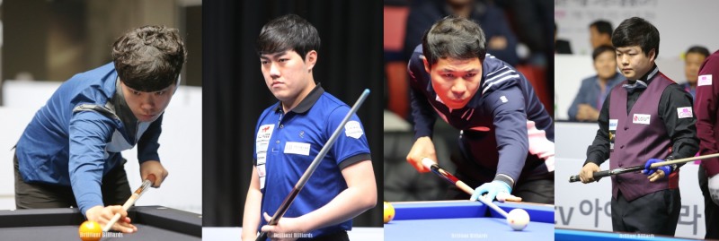 16강에 오른 4명의 한국 선수들. 왼쪽부터 김행직, 김준태, 허정한, 조명우(사진=파이브앤식스. 브릴리언트 빌리아드)