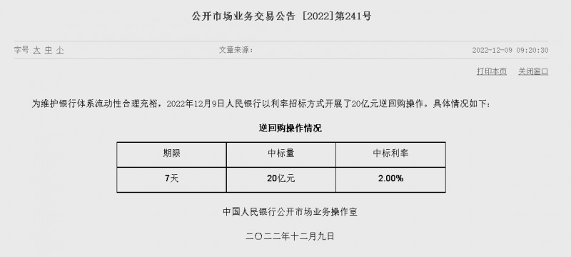 자료=중국인민은행 홈페이지, 공개시장업무 거래공시(제241호)