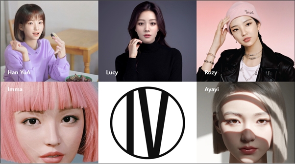 좌측 상단부터, 스마일게이트 가상인간 한유아, 롯데홈쇼핑 루시, 싸이더스스튜디오엑스 로지, 일본 AWW 이마, 중국 란마이테크놀로지 아야이
