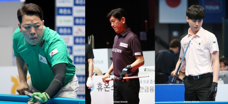 64강전에서 고배를 든 강동궁, 김재근, 신정주(왼쪽부터. 사진=PBA)