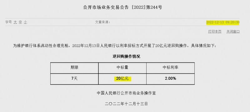 자료=중국인민은행 홈페이지, 공개시장업무 거래공시(제244호)