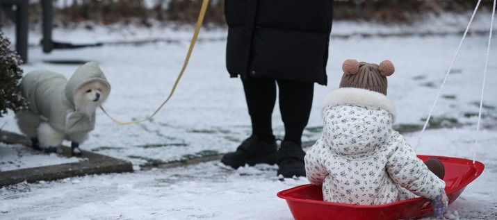 눈이 내리는 지난 13일 오후 서울 송파구 책박물관 인근 놀이터에서 어머니가 아이를 위해 썰매를 끌고 있다. 기상청은 내일까지 중부지방을 중심으로 최대 10cm의 많은 눈이 내린 후 강력한 한파가 온다고 예보했다.