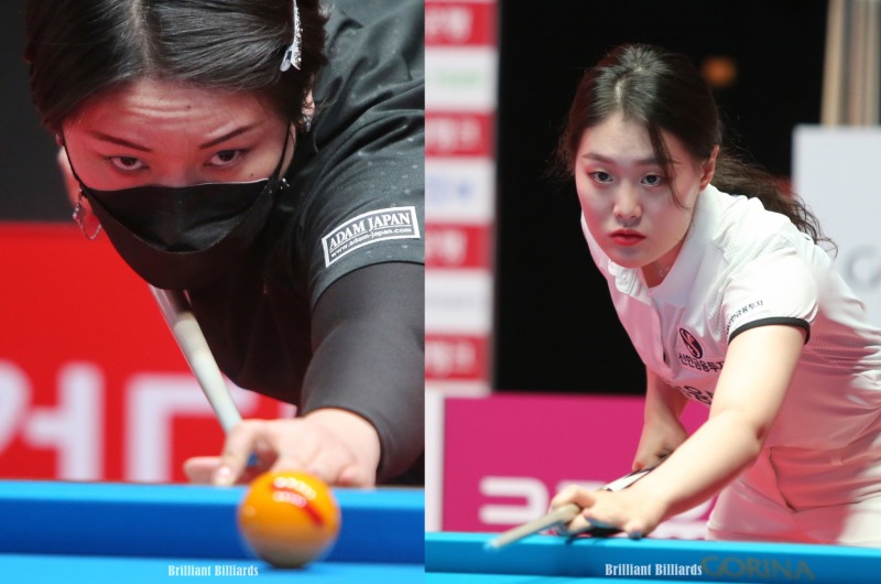 4강전에서 만난 히가시우치(왼쪽)와 김보미(사진=브릴리언트 빌리아드)