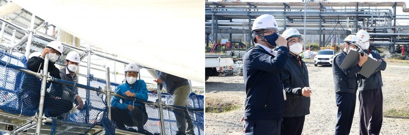 울산CLX에서 고용노동부 울산지청, 안전보건공단 관계자들을 초청해 Ball Tank 전용 시스템 비계 시연을 진행하고 있는 모습.
