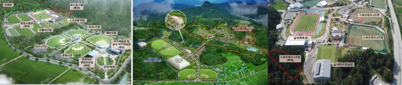 'KBO 야구센터'최종 후보지로 선정된 기장군(왼쪽), 횡성군(가운데), 보은군의 조감도