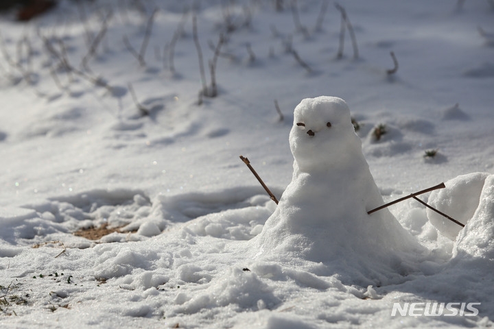 강추위가 이어지고 있는 16일 오전 서울 종로구 광화문 사거리 인근 화단에 눈사람이 햇살을 받고 있다.