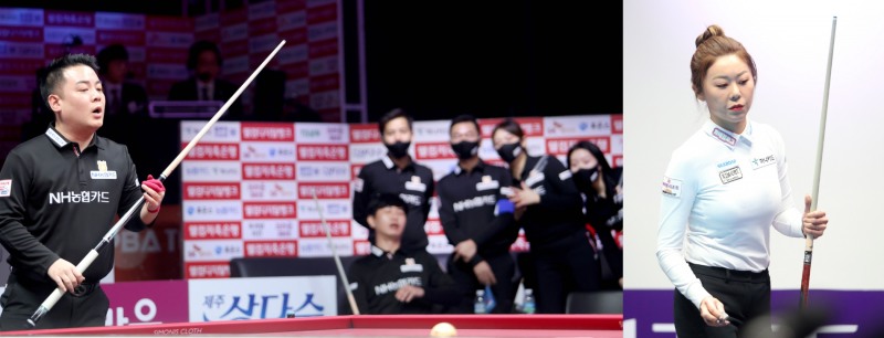 2승을 주고받은 NH와 하나카드의 남녀 선봉장 조재호(왼쪽)와 김가영(사진=PBA)