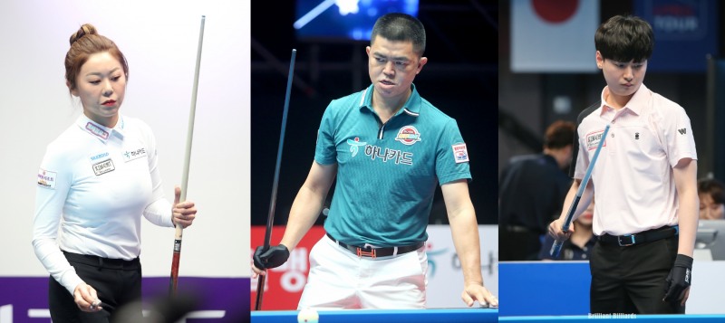 5,6,7세트 단식경기에서 승리, 재역전승을 거둔 하나의 김가영, Q.응우옌,신정주(왼쪽부터. 사진=PBA)