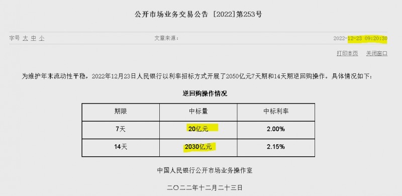 자료=중국인민은행 홈페이지, 공개시장업무 거래공시(제253호)