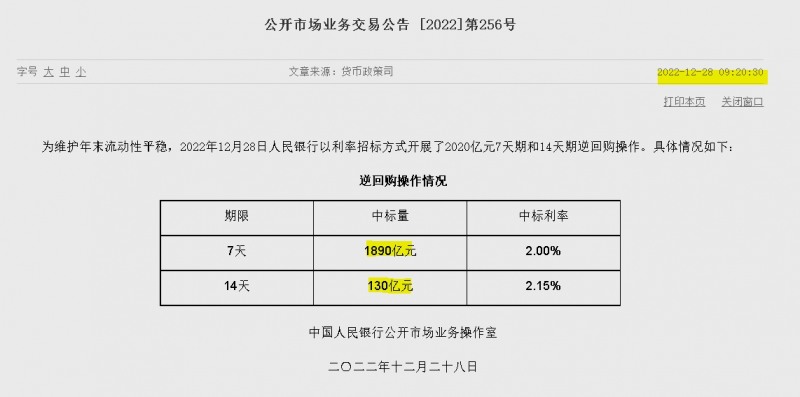 자료=중국인민은행 홈페이지, 공개시장업무 거래공시(제256호)