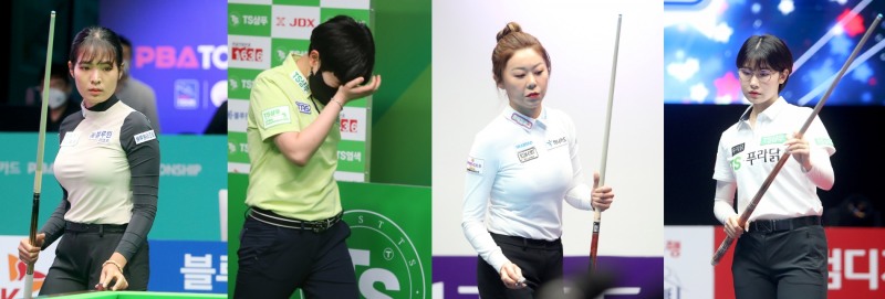 길이 갈린 챔피언들. 64강에서 탈락한 스롱, 김세연과 32강에 오른 김가영, 이미래(왼쪽부터. 사진=PBA)