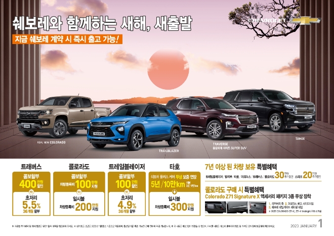 쉐보레, 2023년 1월 프로모션…6% 이율·등록비 지원 등