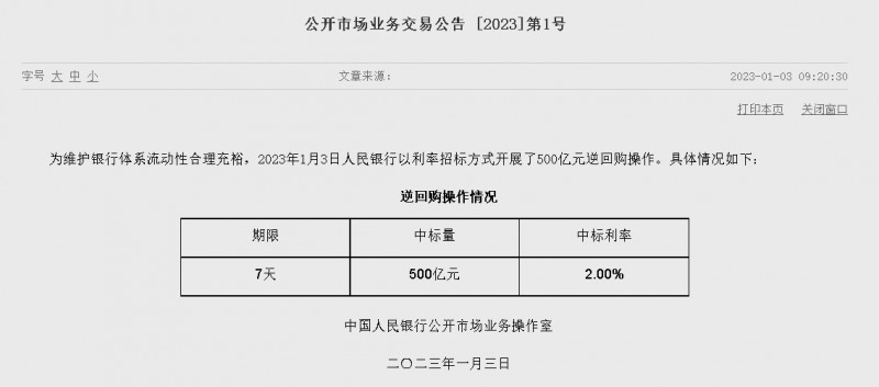 자료=중국인민은행 홈페이지, 공개시장업무 거래공시 2023년 (제1호)