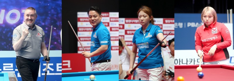 후기리그 1위와 2위를 놓고 싸우는 웰뱅과 NH. 왼쪽부터 쿠드롱,조재호, 김민아, 김예은(사진-PBA)