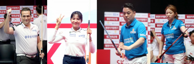 2위 경쟁자 블루원과 NH의 남녀 에이스. 왼쪽부터 사파타, 스롱, 조재호, 김민아(사진=PBA)