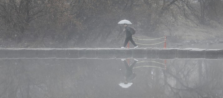 전국에 겨울비가 내리는 지난 13일 서울 성동구 용답역 인근 공원에서 한 시민이 산책을 하고 있다.
