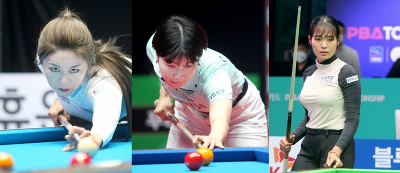 32강 서바이벌전에 오른 다관왕들. 왼쪽부터 김가영, 이미래,스롱.(사진=PBA)