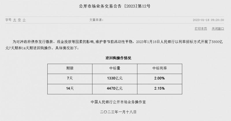 자료=중국인민은행 홈페이지, 공개시장업무 거래공시 2023년 (제12호)