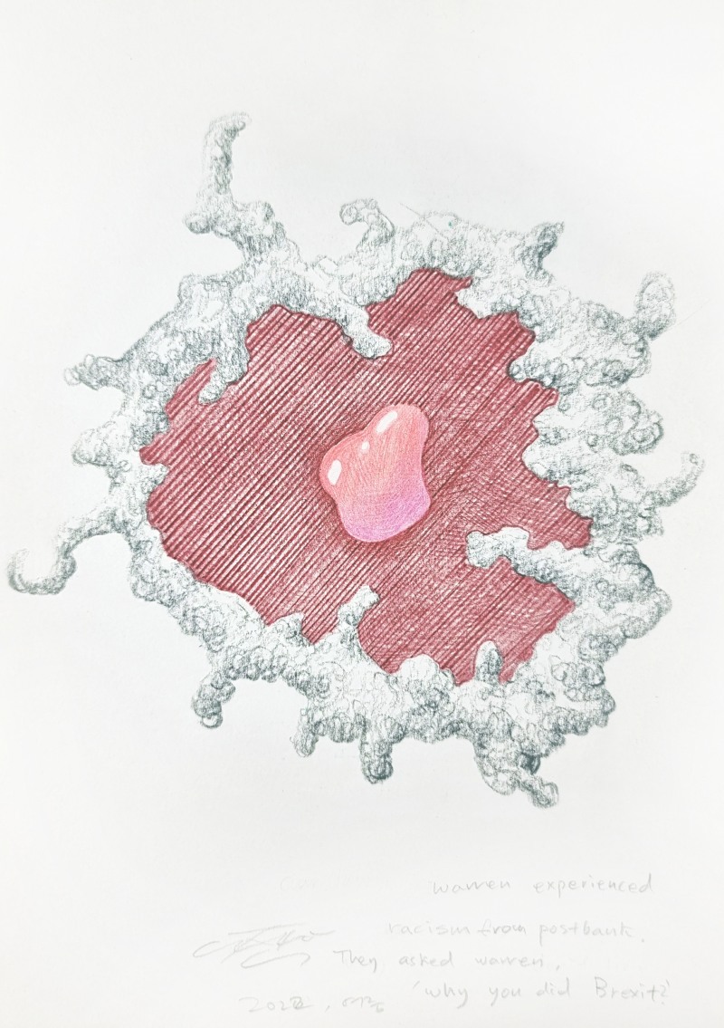 JUHEON CHO, 'Warren experienced racism from Postbank', 2022, 21cm x 29.7cm, coloured pencil on paper / 사진=Courtesy of artist, 갤러리JH