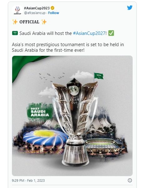 사우디아라비아의 2027년 아시안컵 유치 확정 소식을 전한 AFC.[AFC 아시안컵 SNS]