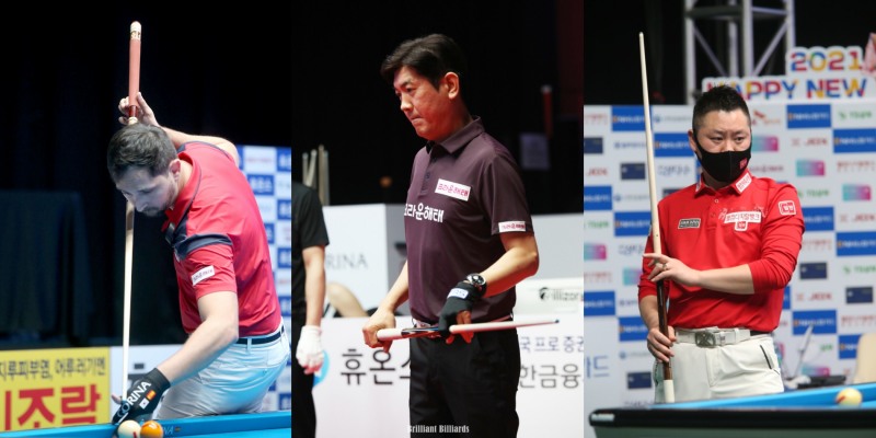 김현석을 승부치기끝에 물리친 김재근(가운데)과 마르티네스(왼쪽), 서현민(사진=PBA.브릴리언트 빌리아드)