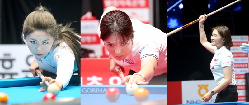 1그룹의 챔피언들. 왼쪽부터 김가영, 스롱, 강지은.(사진=PBA)